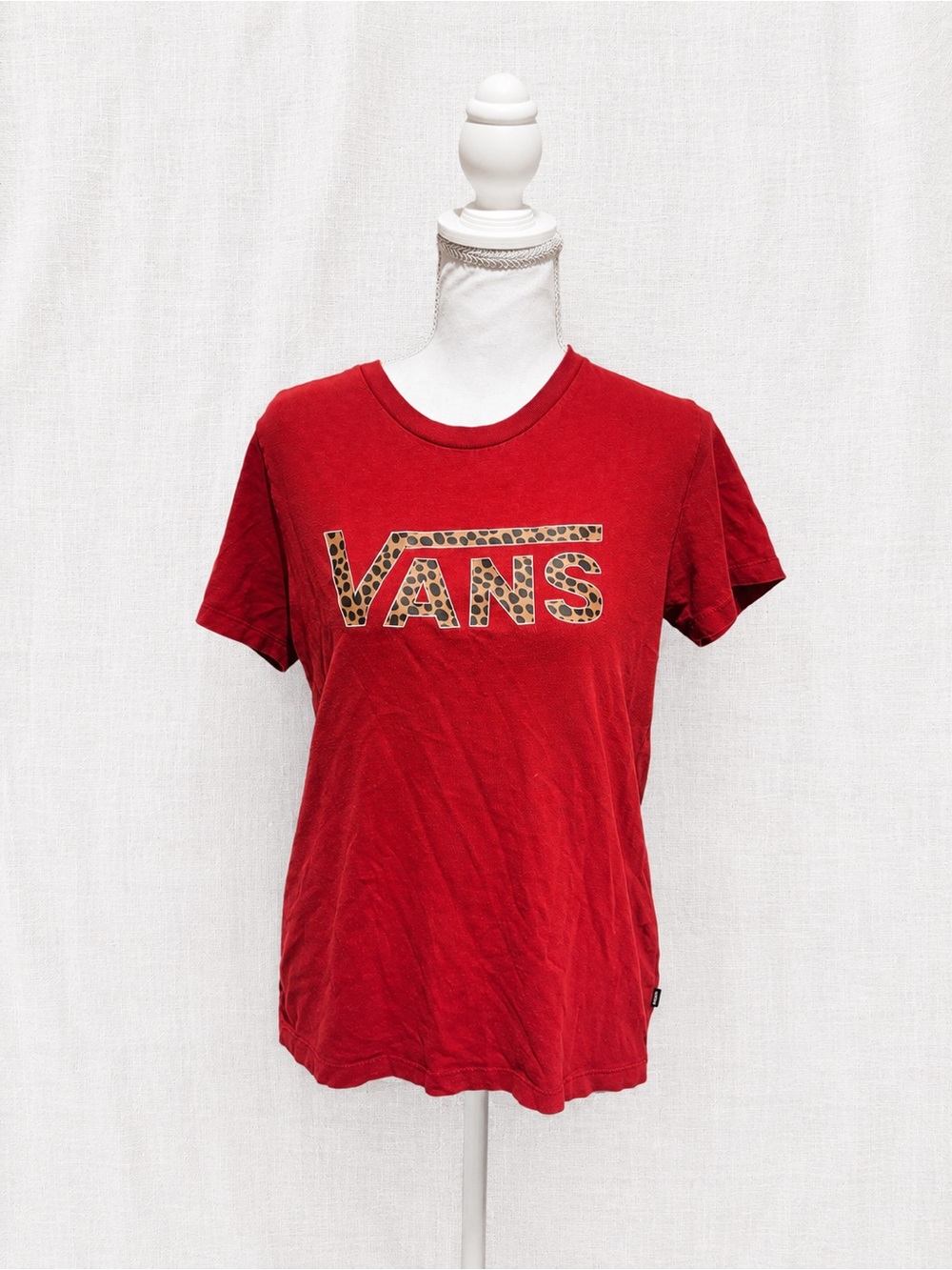 Vans Red Tee with Leopard-Print Logo